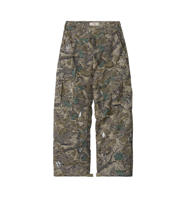 Image 1 of 7 - GREEN - Cherry LA Wide Leg Cargo Pants are crafted from custom camouflage cotton ripstop and feature a wide-leg silhouette with utility-inspired cargo pocket detailing. Designed with hidden snap closures at the pockets, paint splatter accents, and distressed finishes throughout, this statement style combines military influences with Cherry LA's signature lived-in aesthetic. Main Material: Custom Camouflage Cotton Ripstop. Fit: Wide Leg. Pockets: Cargo Pockets with Hidden Snap Closures. Detail