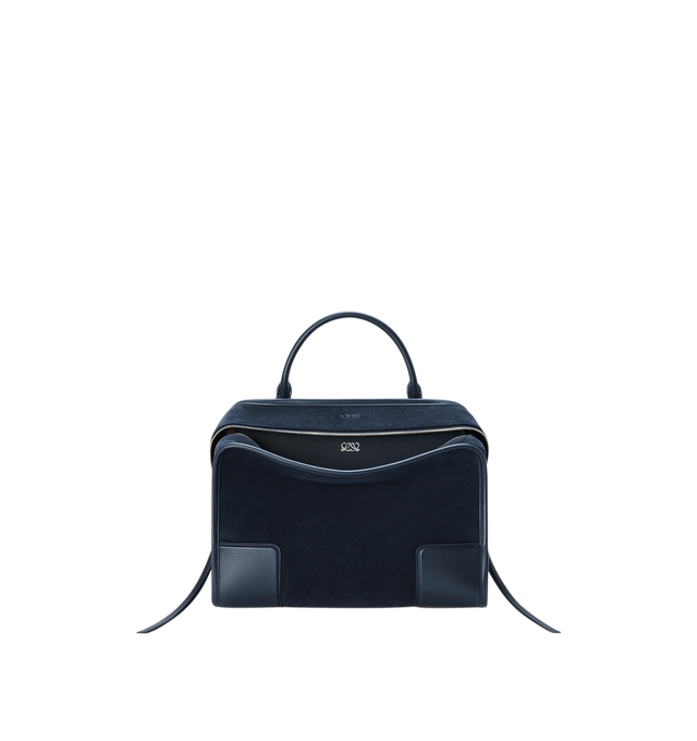 Image 1 of 16 - NAVY - Loewe Large Amazona 180 Bag in suede featuring a relaxed silhouette anchored by a single toron top handle, designed to be carried open while a concealed closure secures the main compartment, removable shoulder and crossbody straps, zip closure with two leather zip pullers, two compartments, main compartment closed with magnetic closure, internal flat pocket, left side d-ring for customization, suede and nappa lambskin lining, embossed LOEWE and embossed double L branding. Suede/calf.