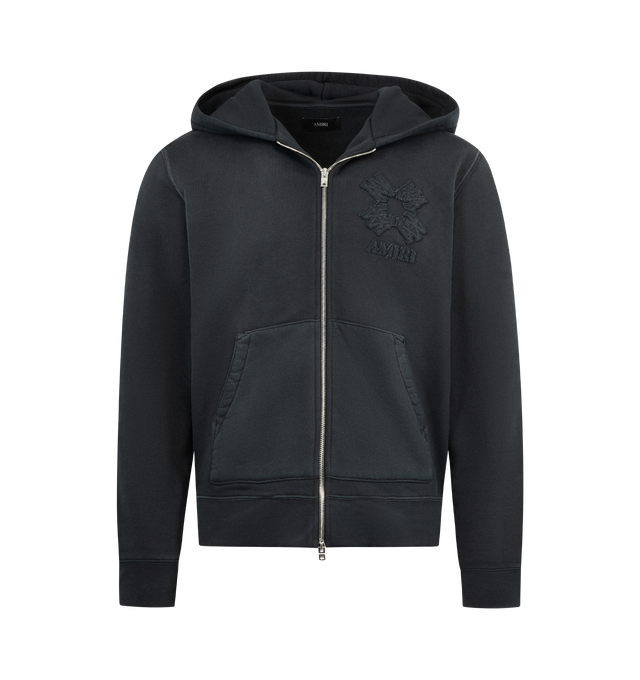 Image 1 of 2 - BLACK - AMIRI MA Quad Full-Zip Hoodie featuring sun faded treatment with logo applique, zip front closure, front pockets, ribbed cuffs and hem and hood. 100% cotton. Made in Italy.