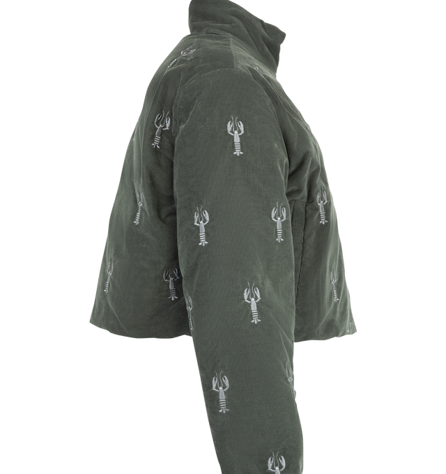 Image 3 of 3 - GREEN - Thom Browne Womens Reversible Cropped Down Jacket is crafted from cotton corduroy and features a reversible design, stand collar, two-way zip and snap-front closures, welt hand pockets, elasticized cuffs, drawcord hem, allover lobster embroidery, signature 4-bar detailing, and the signature striped grosgrain loop tab. This designer cropped puffer jacket combines lightweight goose down insulation with a versatile reversible silhouette for elevated everyday layering. Main Material: 100%