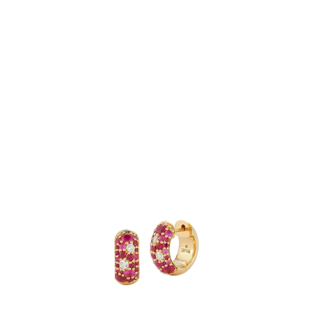 Image 1 of 1 - GOLD - RENNA Tidepool Ruby Huggie Hoops featuring varying sizes and shades of rubies, pink sapphires and diamonds on huggie hoops. Approximately .17 tcw diamond & .58 tcw pink sapphire and ruby. Hirshleifers offers a range of pieces from this collection in-store. For personal consultation and detailed information about jewelry, please contact our dedicated stylist team at personalshopping@hirshleifers.com.
