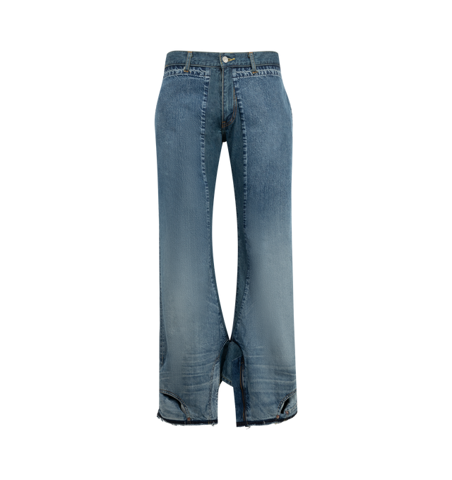 Image 1 of 3 - BLUE - JUNYA WATANABE Deconstructed Wide Leg Jeans featuring a deconstructed design with an asymmetric double waistband, unconventional hem includes repurposed pockets and a side split, mid rise, full length, wide legs, button and zip fly and belt loops. 100% cotton. Made in Japan.