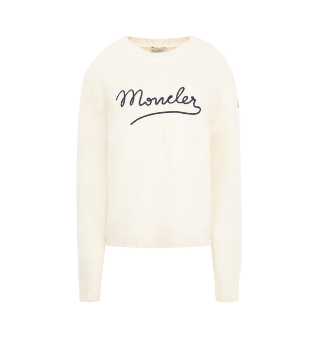 Image 1 of 3 - WHITE - MONCLER Embroidered Logo Cotton Blend Sweater featuring a cotton blend, gauge 5, crew neck, button closure at the shoulder and embroidered logo. 80% cotton, 16% polyamide/nylon, 4% elastane/spandex. Made in Italy.
