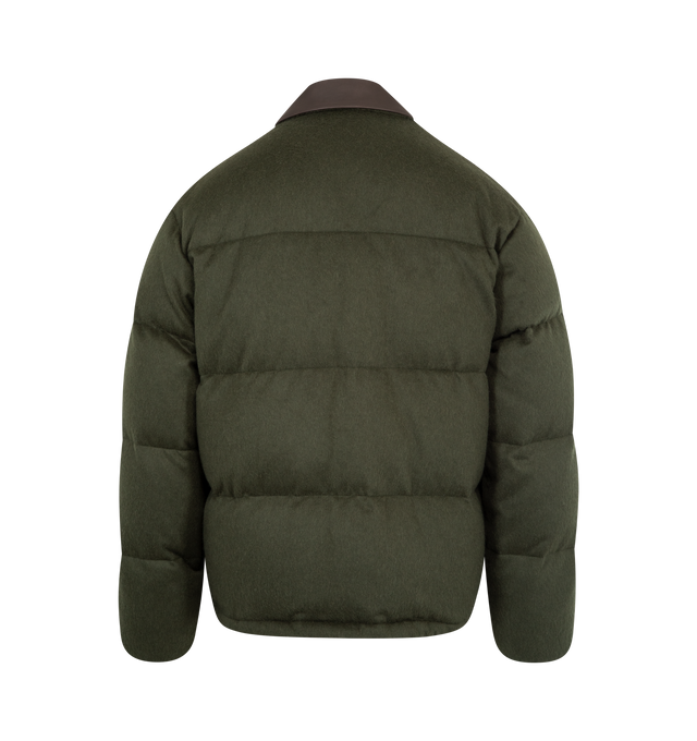 Image 2 of 4 - GREEN - AURALEE Baby Camel Flannel Down Blouson featuring concealed zipper closure with snap buttons, contrast collar, flap pockets on front with snap button closure, adjustable hem with drawstring and relaxed fit. 100% baby camel flannel.