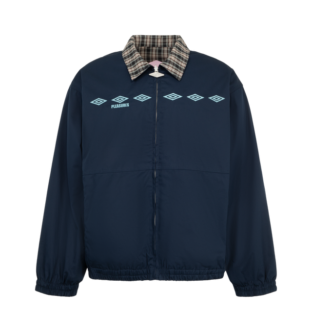 Image 1 of 4 - NAVY - Pleasures Men's Diamonds Reversible Blouson Jacket is a versatile outerwear style designed with a fully reversible construction, offering two distinct looks in one piece. Main Material: 100% Cotton.