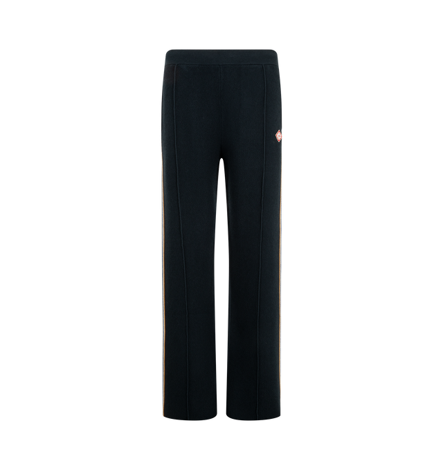 Image 1 of 3 - BLUE - Casablanca Men's Caf Stripe Track Trousers are crafted from a cotton-wool blend and feature a relaxed straight-leg silhouette. Designed with an elasticized waistband and drawstring fastening, these track trousers are detailed with side pockets, a back patch pocket, pin-tuck seams at the front. Main Material: 50% Cotton, 48% Wool, 1% Polyamide, 1% Elastane. Embroidery: 100% Viscose.