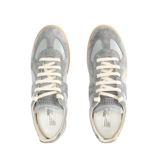 Image 5 of 5 - GREY - MAISON MARGIELA Replica Sneakers featuring lace-up sneakers in buffed nappa calfskin and calfskin suede, contrasting sole, Maison Margiela logo label on the tab, internal Replica label, internal elastic and all-over Maison Margiela logo insole. 100% calf leather. Sole: 100% rubber. Made in Italy.