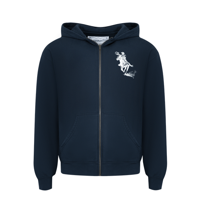 Image 1 of 2 - NAVY - ONE OF THESE DAYS Barbed Zip Up Hoodie featuring front zip closure, split kangaroo pocket, front and back graphic and fleece lining. 100% cotton.