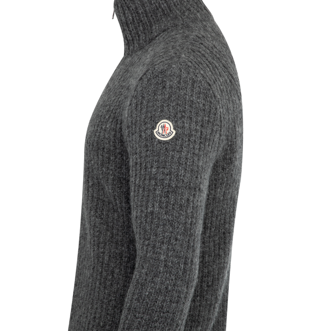 Image 3 of 3 - GREY - MONCLER Zip-Up Cardigan featuring an alpaca and wool blend, interlock and waffle stitch, gauge 3, zipper closure and logo patch. 55% alpaca, 23% wool, 22% polyamide/nylon. Made in Bulgaria.