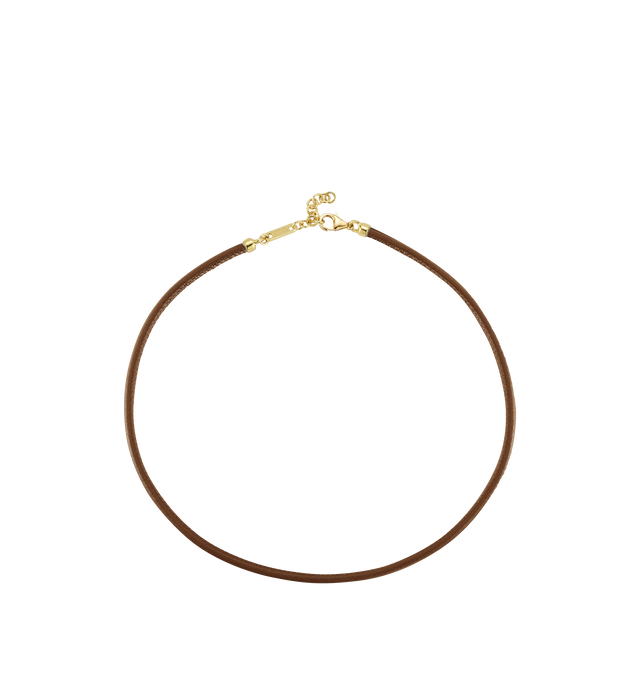 Image 1 of 1 - BROWN - JEMMA WYNNE Love Notes Brown Leather Cord Choker featuring 18k Yellow Gold, 3mm Genuine Leather Cord and Adjustable length 14"-16". Hirshleifers offers a range of initial pieces from this collection in-store. For personal consultation and detailed information about jewelry, please contact our dedicated stylist team at personalshopping@hirshleifers.com.