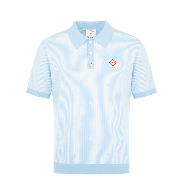 Image 1 of 2 - BLUE - Casablanca Men's Pinstripe Short Sleeve Knit Polo Shirt in a classic design featuring the house's diamond logo patch and playful motifs drawing on Egyptian iconography and Casablanca-branded elements, including the tennis ball and orange, set against a light blue pinstripe ground. Completed with a collared neckline, button closure, signature gold rim pearl buttons, and rib collar, cuffs, hem and placket detail, in a slim silhouette. 100% cotton pinstripe fabric. Made in China.