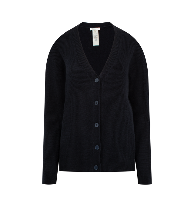 Image 1 of 2 - NAVY - THE ROW Maser Cashmere Rib V-Neck Cardigan featuring a soft cashmere ribbed knit, V neckline, button front, long sleeves and relaxed fit. Cashmere. Made in Italy.