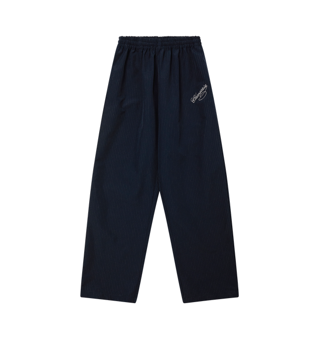Image 1 of 2 - BLUE - WILLY CHAVARRIA Ruff Rider Track Pants featuring an elastic waistband, pull-on style, two side on-seam pockets, one back welt pocket and embroidered logo detail at left hip. 51% viscose, 49% cotton. Made in USA.