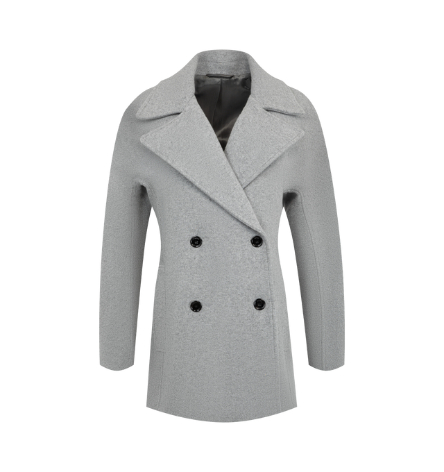 Image 1 of 3 - GREY - Toteme Women's Rounded Peacoat is crafted from a substantial wool and cashmere blend and features rounded sleeves that create a sculptural, cocooning silhouette. Designed in an oversized fit with long sleeves, this designer coat features a double-breasted construction, two pockets, and a fully lined interior, falling at the top of the thigh for a modern proportion. Main Material: 49% RWS Wool, 24% Recycled GRS Wool, 22% Recycled GRS Polyamide, 5% Recycled GRS Cashmere. Lining: 100% Vis