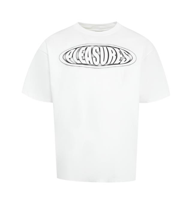 Image 1 of 2 - WHITE - PLEASURES Sandblast T-shirt featuring crew neck, short sleeves, boxy fit and logo graphic on the chest. 100% cotton.
