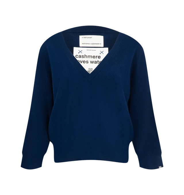 Image 1 of 2 - BLUE - Extreme Cashmere Women's Pearl Sweater is crafted from lightweight summer cashmere and features a wide V-neckline, cropped 7/8 sleeves, and rib-knit trims for an airy, relaxed silhouette. This designer cashmere sweater combines exceptional softness with breathable comfort, making it a versatile layering piece for effortless warm-weather styling. Main Material: 100% Cashmere.