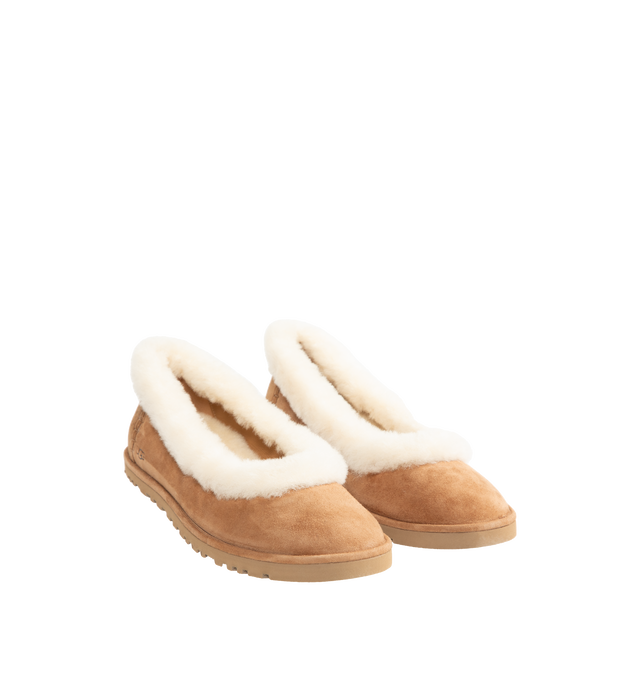 Image 2 of 4 - BROWN - UGG women's Zora ballet flat crafted with a suede upper, plush sheepskin and lamb sockliner, a lightweight sugarcane EVA outsole, UGG Logo, heat-embossed and woven label with The UGG Logo on insole.