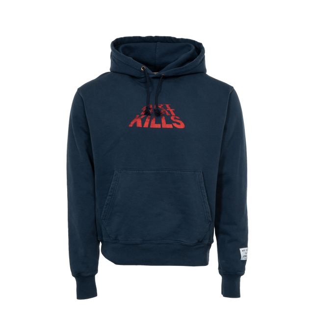 Image 1 of 3 - NAVY - GALLERY DEPT. ATK Stacked Logo Hoodie featuring drawstring hood, long sleeves, kangaroo pocket and distressed rendering of ATK stacked logo screen-printed in the center of the garment. 100% cotton. 