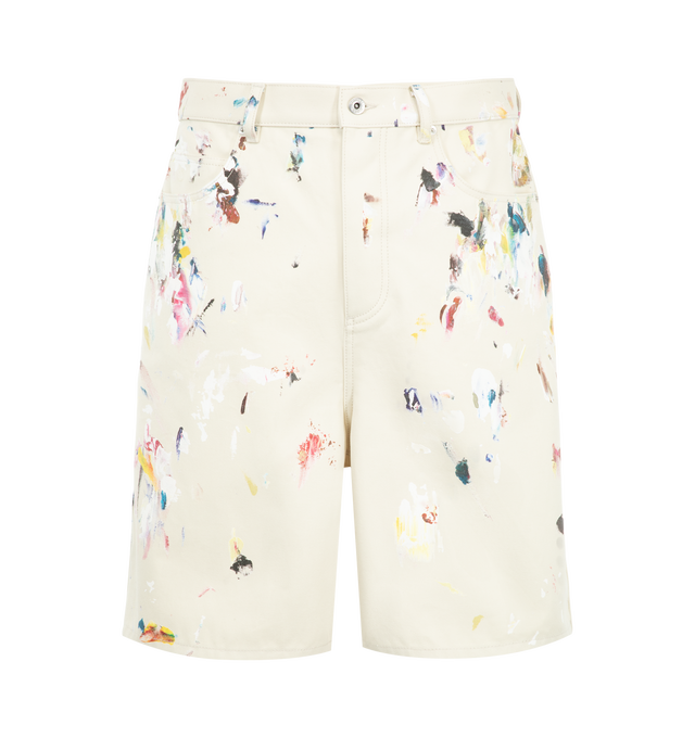 Image 1 of 3 - MULTI - Bottega Veneta Men's Paint Splatter Shorts are crafted from 100% cotton canvas material and feature an allover paint splatter motif that coordinates with a matching shirt. Designed in a clean, tailored silhouette, these shorts feature a button closure, belt loops, side pockets, and back welt pockets. Main Material: 100% Cotton. Closure: Button and Zip Fly. Pockets: Side Pockets, Back Welt Pockets. Made in Italy.