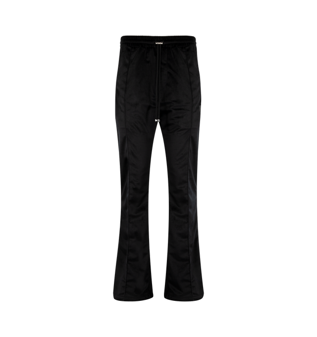 Image 1 of 3 - BLACK - AMIRI Velvet Flare Track Pant featuring back welt pockets, side slit pockets, elastic waist with drawstring, logo patch on back and flared leg. Made in Italy.