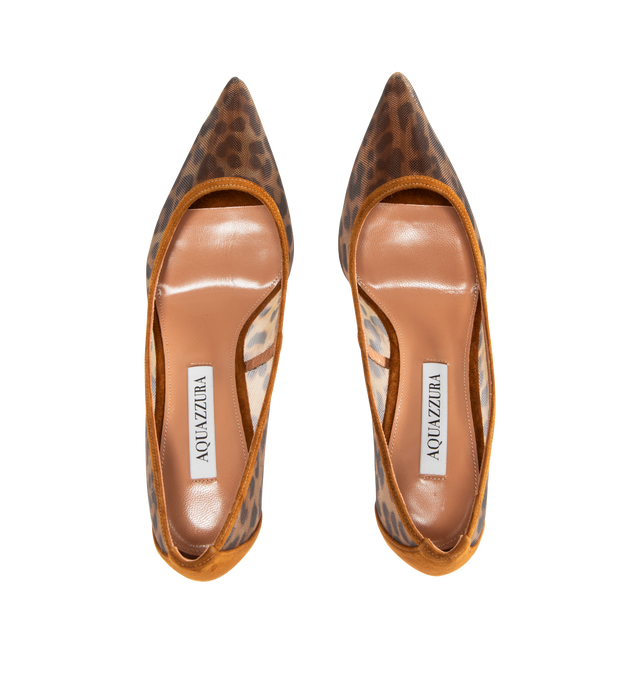 Image 4 of 4 - BROWN - AQUAZZURA Nude Pump featuring leopard mesh see-through panels, supple suede trim, pointed toes, stiletto heels, padded leather insole and signature logo detailing. 85mm. Mesh, suede. Made in Italy.