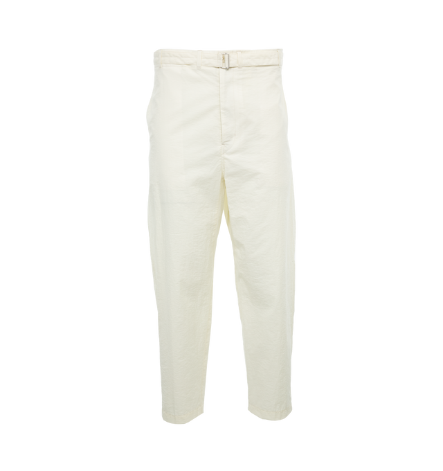 Image 1 of 4 - WHITE - LEMAIRE Belted Carrot Pants featuring belted, adjusters at the back, two side pockets and single piped pocket at the back, with button. 84% cotton, 16% polyamide. Made in Romania. 