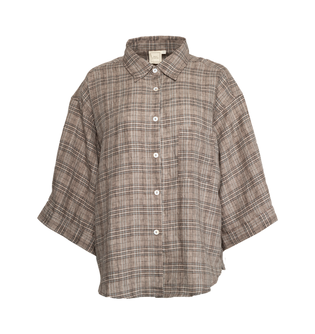 Image 3 of 4 - BROWN - DEIJI STUDIOS 03 Set features an oversized box fit linen shirt with wide arms and a front pocket. Shorts featuring mid rise, the loose fitting boxer style, faux button down fly and an elastic waist. 100% OEKO-TEX 100 certified and EU certified stone washed french linen. 