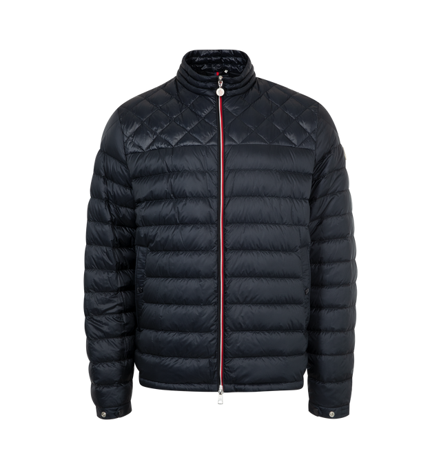 Image 1 of 3 - NAVY - Moncler Benamou Short Down Jacket has a mock neckline, a 2-way zip front closure, snap pockets and cuffs, a tricolor stripe placket, and diamond quilting details. Down and feather fill. 100% polyamide.