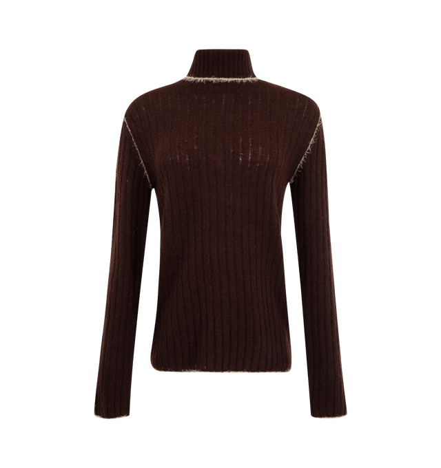 Image 1 of 1 - BROWN - Moncler Women's Wool-Blend Fringed Turtleneck Sweater is crafted from a thick ribbed wool blend and features a turtleneck silhouette accented by a short fringe trim. Designed in a classic fit, this pullover style is finished with long sleeves and a leather Moncler logo patch at the left arm. Main Material: Virgin Wool, Polyamide. Made in Romania.