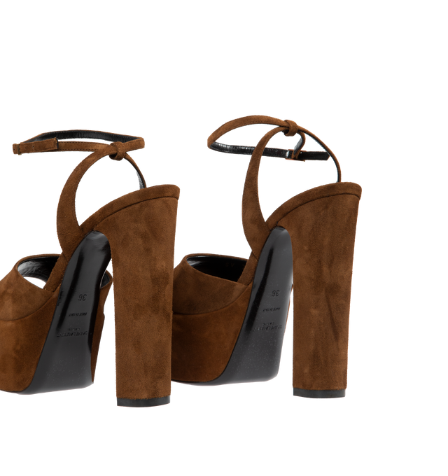 Image 3 of 4 - BROWN - SAINT LAURENT JODIE peep-toe platform sandals with almond toe, featuring an adjustable ankle strap, 4.9 inch covered block heel and leather sole. 100% calfskin leather. Made in Italy.  