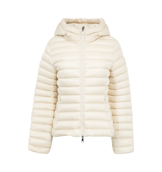 Image 1 of 3 - WHITE - Moncler Ige Short Down Puffer Jacket has an attached hood, a 2-way zip front, an embroidered logo patch, side pockets, and a classic fit. Down fill. Nylon, polyamide exterior.