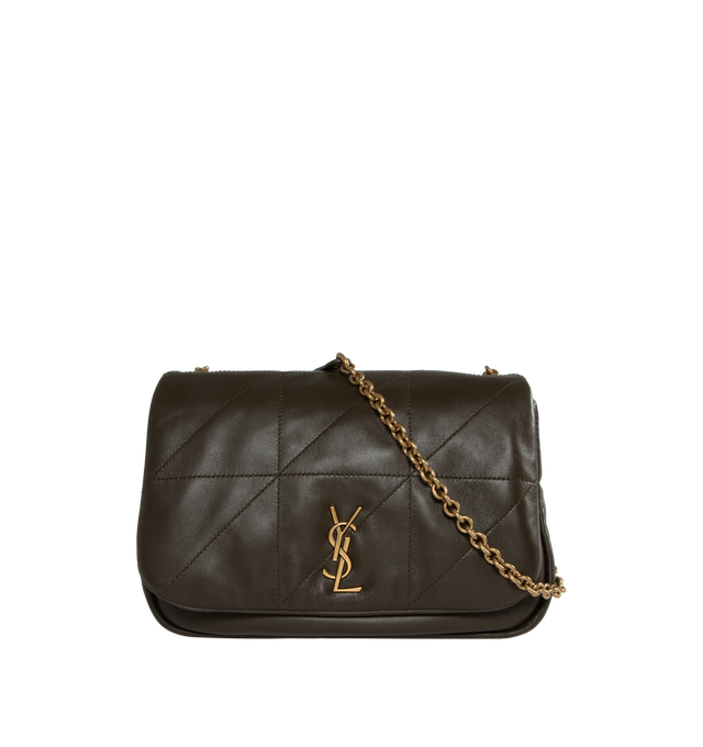 Image 1 of 4 - BROWN - SAINT LAURENT Jamie 4.3 Small in Lambskin featuring quilted topstitching, adjustable sliding strap, one flap pocket at back and snap closure with inner ties. 9.8 X 6.3 X 2.8 inches. 100% lambskin.  