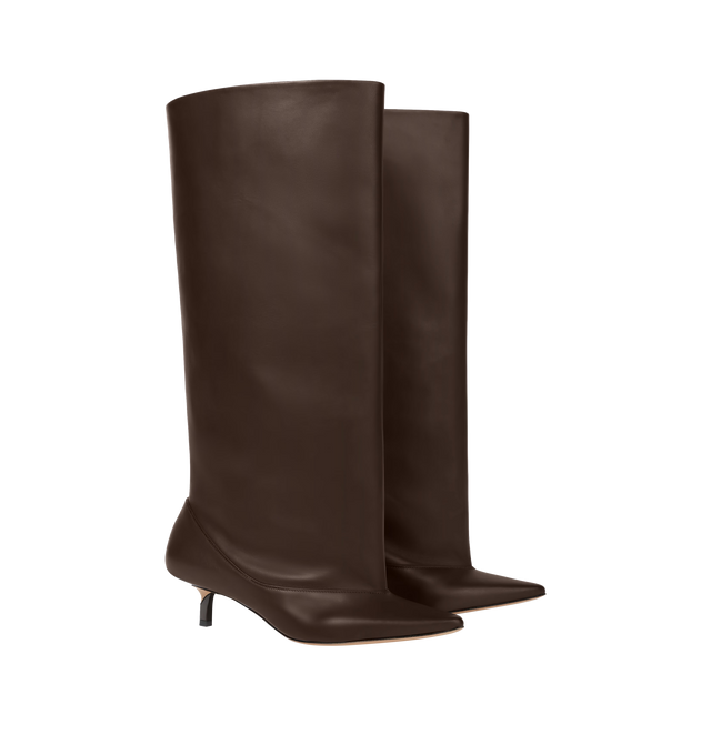 Image 2 of 4 - BROWN - JACQUEMUS High Tourni Boots featuring structured tubular boots in smooth leather, Trompe-l'oeil smooth leather pump shape, pointed toe, cut below the knee, lambskin leather insole and lining, 4.5cm asymmetric twisted heels with lacquered finish and contrast outsole. 100% calf leather. Outsole: 100% cow leather. Made in France.