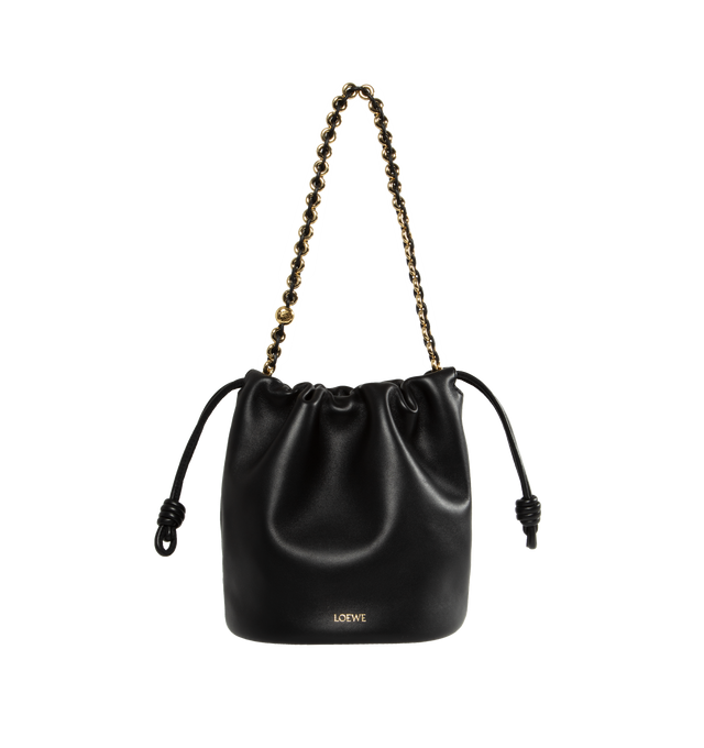 Image 1 of 3 - BLACK - Loewe Paula's Ibiza Flamenco Purse crafted in mellow nappa lambskin in a ruched design with signature knots at the sides in a new everyday size that can be worn over the shoulder using the donut chain or crossbody with the accompanying leather strap. Featuring detachable and adjustable leather strap for shoulder, crossbody or hand carry and detachable donut chain adorned with Anagram engraved Pebble. Discreet magnetic closure, suede lining and embossed LOEWE. Height (inch): 9.4 X Widt 