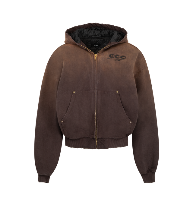 Image 1 of 2 - BROWN - The Willy Chavarria Men's Quilted Juggernaut Hoodie is cut in an oversized silhouette with a bold, utilitarian shape and quilted construction. Crafted from a faded cotton & worn-in appearance to reference vintage military and workwear, while the quilted interior adds warmth. Finished with functional pockets and CCC embroidery at the chest and back for a bold graphic finish. Main Material: 100% Cotton. Made in USA.