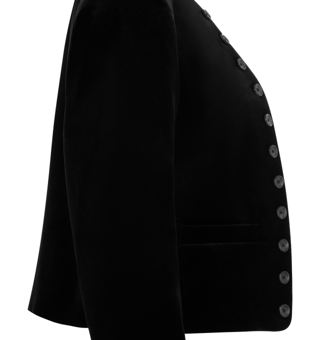 Image 3 of 3 - BLACK - NILI LOTAN Patti Jacket featuring slim cropped fit, velvet, shoulder pads, welt pockets, decorative logo horn buttons at front and cuff, back seams and fully lined. 98% cotton 2% elastane.