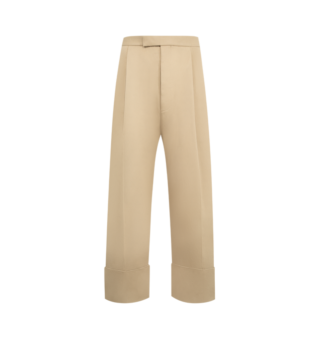 Image 1 of 3 - BROWN - THOM BROWNE Backstrap Double Pleat Trouser featuring high rise, tab front closure, slip side pockets, back welt pockets, front pleats, wide cuffs and adjustable buttoned backstrap. Made in Italy.