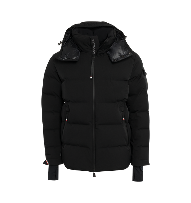 Image 1 of 3 - BLACK - MONCLER GRENOBLE MONTGETECH JACKET featuring nylon lining, down-filled, bonded boudin, detachable hood with snap buttons, adjustable with drawstring fastening, fleece inner collar, fabric number transfer, YKK Aquaguard Highly Water Resistant zipper closure, ski pass pocket with snap button closure, exterior pockets with YKK Aquaguard Highly Water Resistant zipper closure, interior media pocket, windproof powder skirt, stretch jersey wrist gaiters and ski pass pocket. 87% polyamide/nyl 