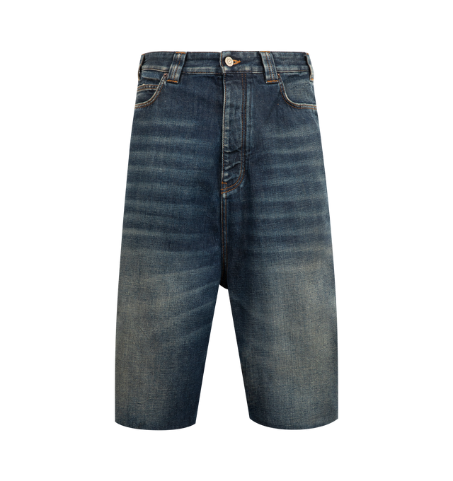 Image 1 of 3 - BLUE - BALENCIAGA Denim Shorts featuring cotton denim, mid-waist, button zip fly, belt loops, 5 pockets and Balenciaga Jeans jacron at back. 100% cotton. Made in Italy.