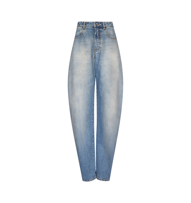 Image 1 of 1 - BLUE - Azzedine Alaia Denim Round pants are crafted with a curved barrel-leg silhouette. Material: 99% Cotton, 1% Polyurethane. Made in Italy.