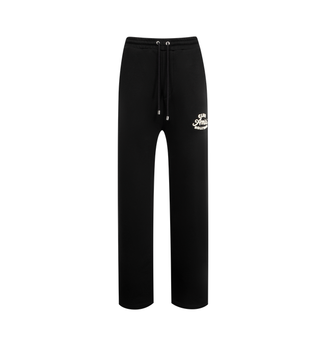 Image 1 of 3 - BLACK - AMIRI Club Amiri Sweatpants featuring wide-leg, elastic drawstring waist, side-seam pockets and logo on front. 52% polyester, 48% cotton. Made in Italy.