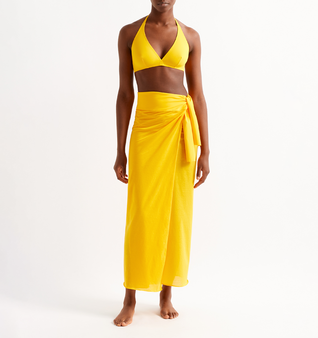 Image 2 of 4 - YELLOW - ERES Peplum Long Sarong featuring a belt attached in Peau Douce naturelle that can be tied around the waist. Main: 100% Cotton. Second: 77% Polyamid, 23% Spandex. Made in France. 