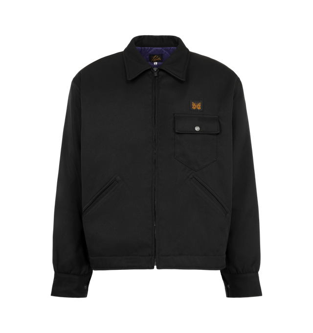 Image 1 of 3 - BLACK - Needles Men's Railroad Zip Jacket is crafted from double-cloth polyester and features a front zip closure, a buttoned flap chest pocket, and welt pockets at the sides. Designed with a relaxed silhouette for easy layering, this new style combines a workwear-inspired aesthetic with a refined melange finish and substantial textured construction for added warmth and structure. Main Material: 100% Polyester. Made in Japan.