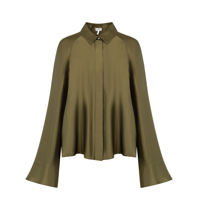 Image 1 of 2 - GREEN - LOEWE Cape shirt in lightweight viscose featuring a cape panel across the back and sleeves, relaxed fit, regular length, classic collar, concealed button front fastening, buttoned cuffs, asymmetric front to back hem and Anagram embroidery placed at the back. Viscose/elastane. Made in Italy.