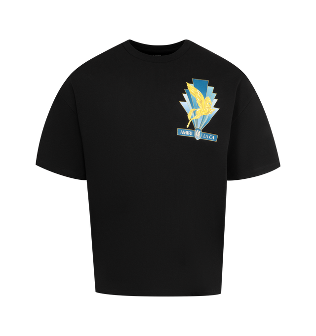 Image 1 of 2 - BLACK - AMIRI Pegasus T-shirt featuring cotton jersey, oversized fit, rib-knit crewneck, short sleeves, logo and text printed at chest and back and dropped shoulders. 100% cotton. Made in Italy.