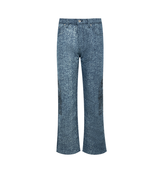 Image 1 of 3 - BLUE - WHO DECIDES WAR Trucker Jeans featuring basket-woven non-stretch denim, belt loops, five-pocket styling, zip-fly, logo graphic embroidered at outseams, leather logo patch at back waistband and contrast stitching in black. 100% cotton. Made in China. 