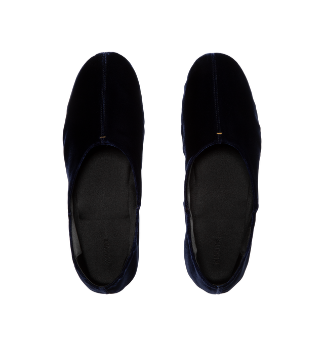 Image 4 of 4 - BLUE - Khaite Women's Velvet Flats are crafted from soft velvet textile and features a slipper-inspired silhouette, a rounded vamp, and a signature gold staple detail. Designed for everyday comfort, this refined flat is lined in suede and finished with a padded insole. Main Material: Textile. Lining: Leather. Insole: Padded.