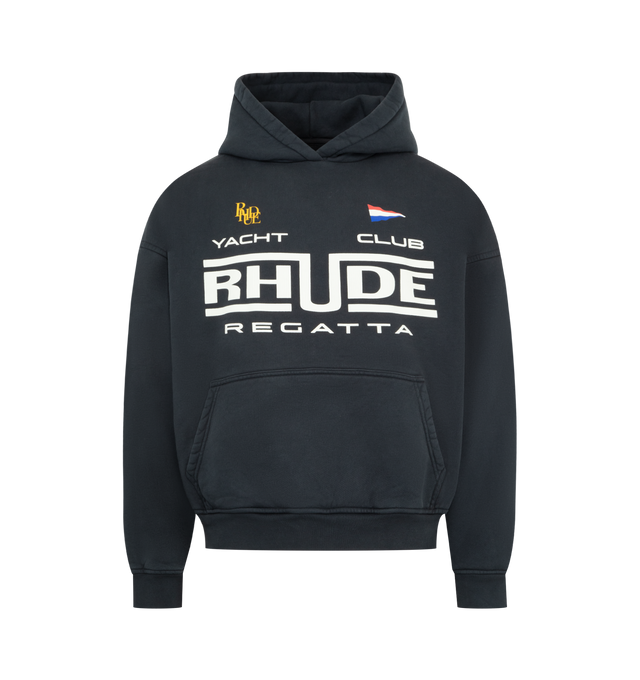 Image 1 of 2 - BLACK - RHUDE Regatta Club Hoodie featuring front graphic logo detail, front kangaroo pocket, attached hood, ribbed trim and fleece lining. 100% cotton. Made in USA.