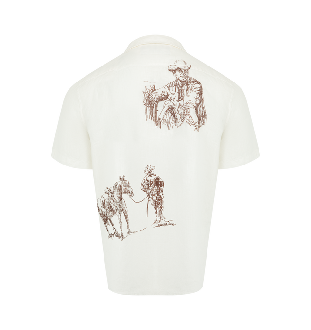Image 2 of 2 - WHITE - ONE OF THESE DAYS Remember Me Camp Shirt featuring short-sleeves, button-down front closure, print of cowboys across the front and collar. 100% linen. Made in the USA.