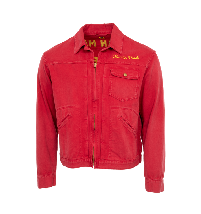 Image 1 of 4 - RED - HUMAN MADE Zip Up Work Jacket featuring short zip-up work jacket with a chain embroidered graphic and heart embroidery on the front details. 